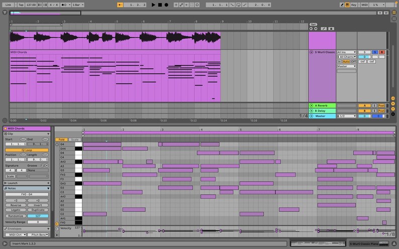 May include: A screenshot of a digital audio workstation (DAW) with a purple and gray interface. The DAW is showing a MIDI track with a piano roll and a waveform track with an audio clip. The track is labeled "MIDI Chords".