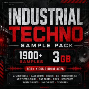 May include: A digital graphic for an Industrial Techno sample pack featuring bold white and red text on a dark background. It displays 1900+ samples, 3GB of content, and 900+ kicks and drum loops, with a list of included audio elements like atmospheres, bass loops, drums, FX, and synth sounds.