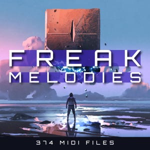 May include: A digital illustration of a person standing on a beach with a large, rectangular, brown object floating in the sky. The text "FREAK MELODIES" is in a purple box above the person. The text "314 MIDI FILES" is at the bottom of the image.