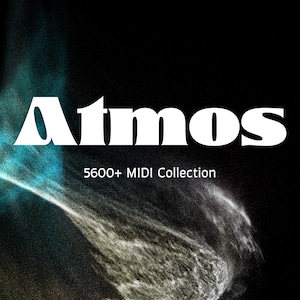 Op de afbeelding: Een wit tekstlogo op een zwarte achtergrond met een blauw en wit abstract ontwerp. Het logo luidt "Atmos 5600+ MIDI Collection".