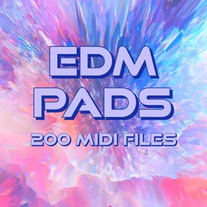 May include: A colorful abstract background with the text "EDM PADS 200 MIDI FILES" in blue and white.