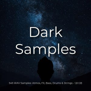 May include: A dark blue night sky with a milky way galaxy and stars. The text "Dark Samples" is written in white. Below the text is a silhouette of a person looking up at the sky. The text "545 WAV Samples: Atmos, FX, Bass, Drums & Strings - 1,8 GB" is written in white at the bottom of the image.