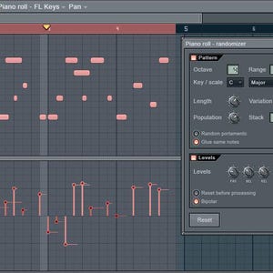May include: A screenshot of a digital audio workstation (DAW) showing a piano roll with notes and a randomizer plugin with options for octave, key, length, population, variation, stack, and levels. The plugin is titled "Piano roll - randomizer".
