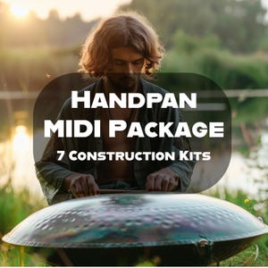May include: A person playing a handpan, a steel percussion instrument, with a wooden mallet. The image has text that reads "HANDPAN MIDI PACKAGE 7 CONSTRUCTION KITS".