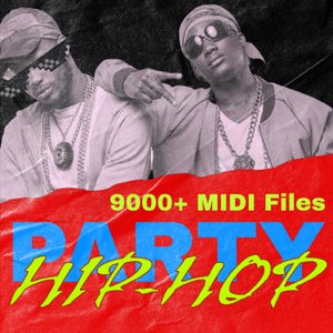 May include: Two men wearing sunglasses and gold chains pose in front of a red and white background. The text "9000+ MIDI Files" and "PARTY HIPHOP" is displayed in yellow, blue, and white text.