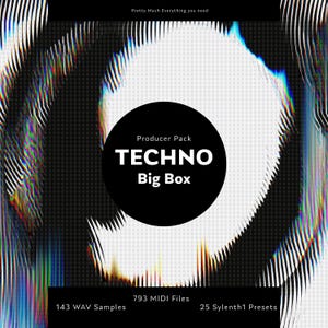 May include: A digital image with a glitched effect, featuring the text "Producer Pack TECHNO Big Box" in a black circle. The image also includes the text "143 WAV Samples 793 MIDI Files 25 Sylenth1 Presets".