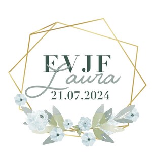 以下が含まれることがあります： 花輪が付いた金色の幾何学的なフレームが2つ。最初のフレームには「EVJF Laura 21.07.2024」と書いてあります。2番目のフレームには「TEAM de la mariée EVJF Laura 21.07.2024」と書いてあります。