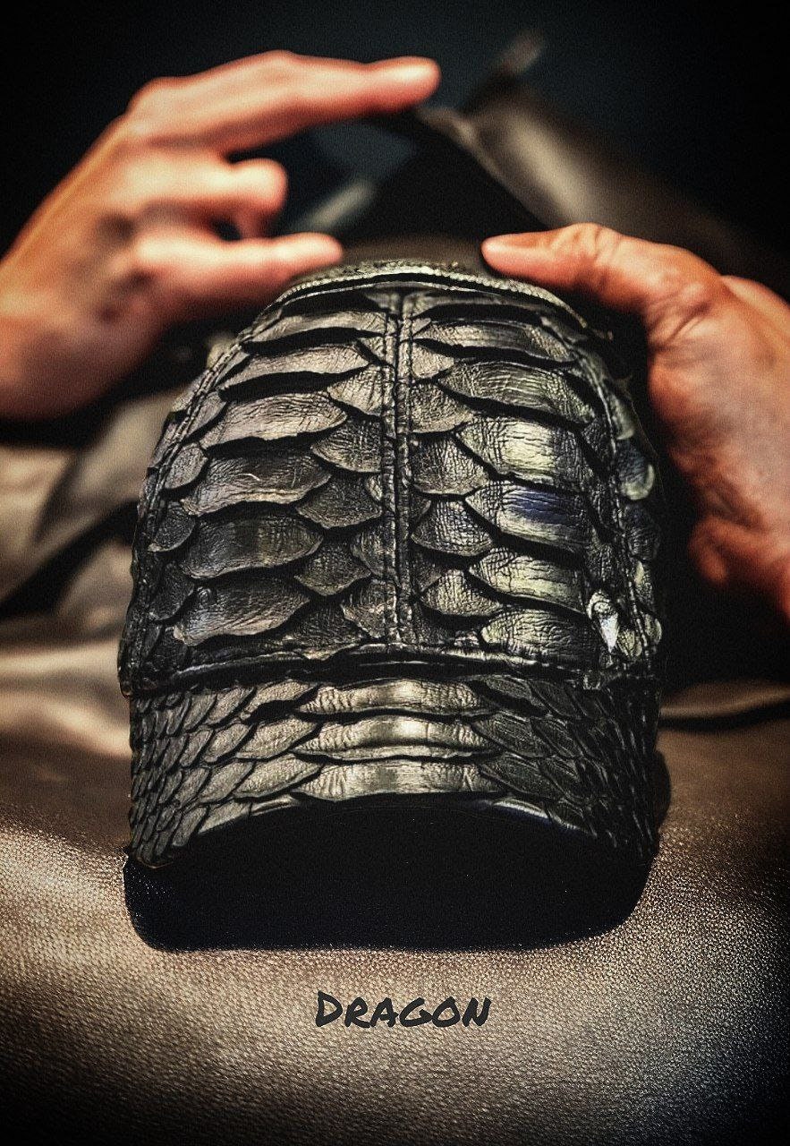 Luxurious Italian Black Python Baseball Cap, Dragon Pattern Snakeskin ...