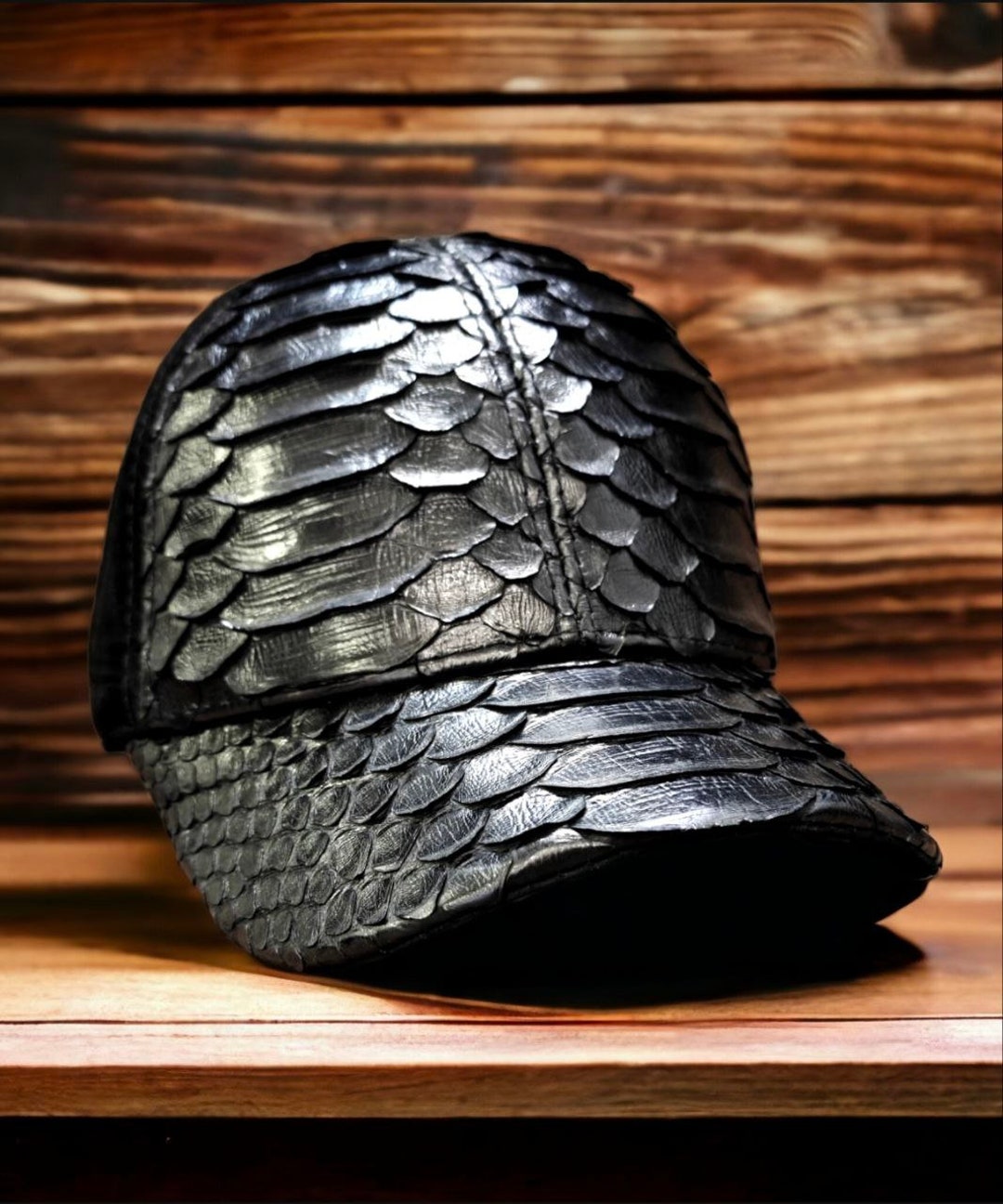 Luxurious Italian Black Python Baseball Cap, Dragon Pattern Snakeskin ...