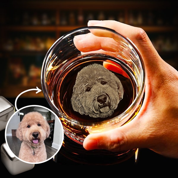 Custom Whiskey Glass with Your Dog Photo Engraved on Bottom - Personalized Gift for Dog Lover