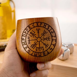 Custom Viking Runes Wooden Whiskey Glass, Custom Birthday Gift for Men, Husband, Engraved Vintage Bourbon Cup, Norse Mythology
