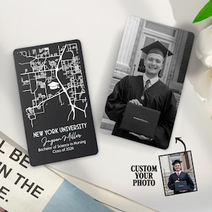 May include: Two personalized graduation gifts. One is a black card with a white map of New York University and text. The other is a black and white photo of a graduate in a cap and gown. The text reads "CUSTOM YOUR PHOTO."