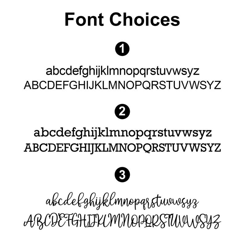 Pode incluir: Em um fundo branco, o texto preto "Font Choices" &eacute; exibido. Abaixo, tr&ecirc;s op&ccedil;&otilde;es de fontes s&atilde;o apresentadas, cada uma com alfabetos min&uacute;sculos e mai&uacute;sculos. As fontes s&atilde;o numeradas 1, 2 e 3, mostrando estilos diferentes.