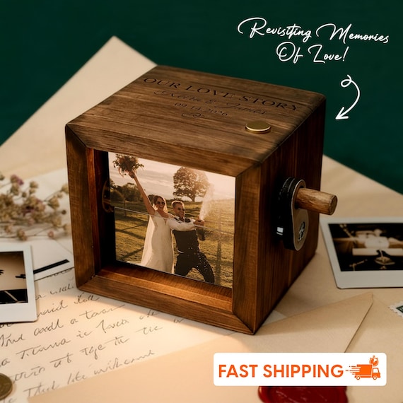 Personalized Photo Flipbook Animation Box, Custom Wedding Wooden Photo Flip Box with Light Keepsake, Romantic Anniversary Gift for Couples