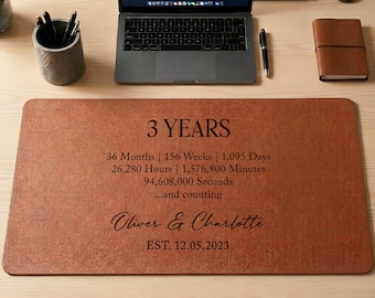 Personalized 3rd Anniversary Desk Mat, Custom Leather Anniversary Gift for Him, Wedding Keepsake Gift for Husband