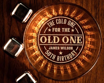 Custom 50th Birthday Whiskey Glass - Personalized Vintage Rock Glass Gifts for Men, A Cold One for The Old One