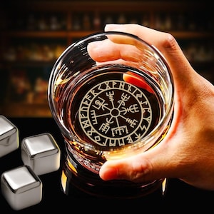 Engraved Viking Runes Whiskey Glass - Norse Mythology Compass Gift for Him