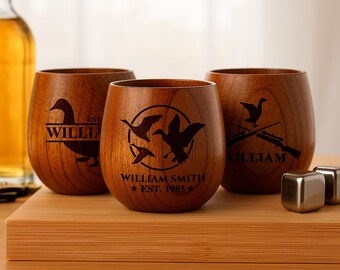 Personalized Monogrammed Whiskey Glass, Engraved Wooden Bourbon Cup for Hunter, Custom Duck Hunting Gift for Dad, 10 oz