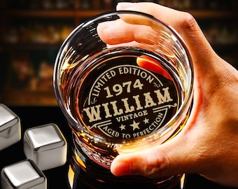 Custom 50th Birthday Whiskey Glass - Personalized Vintage Rock Glass Gifts for Men