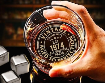 Personalized 50th Birthday Whiskey Glass - Custom Aged to Perfection Rock Glass Gifts for Men