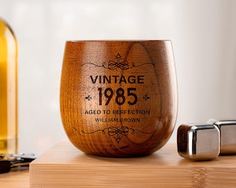 Personalized Dad Wooden Whiskey Glass - Custom Vintage Bourbon Cup for Men, Husband 40th Birthday Gifts, Vintage 1985, Made in USA