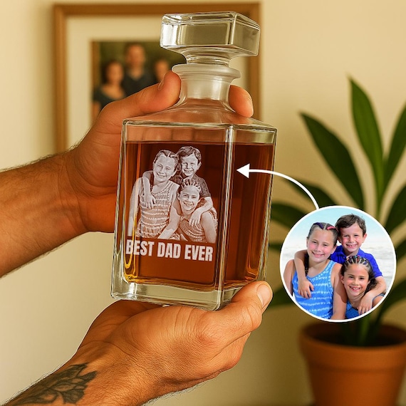 A 24 oz handmade whiskey decanter you can engrave with an actual photo — that photo-on-glass execution is a genuine wow moment for the right dad.