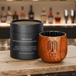 9th Anniversary Wooden Whiskey Glass - Personalized Willow Wedding Celebration Gift for Him, Custom 10 oz Bourbon Cup, Laser Engraved