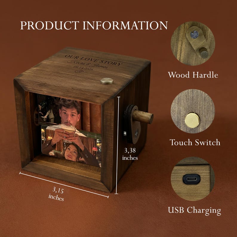 May include: A wooden photo cube with a crank and a touch switch. The cube displays a photo of a couple. The text "OUR LOVE STORY" and the date "09.14.2020" are engraved on the top. The cube measures 3.15 x 3.38 inches.