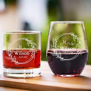 Personalized Wedding Gift Set for Couple - Custom Groom and Bride Glasses, Engraved Bride and Groom Gifts
