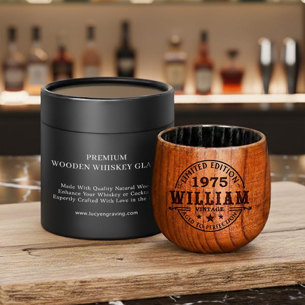 Custom 50th Birthday Whiskey Glass - Vintage Wooden Bourbon Cup for Men, Father's Gift for Dad