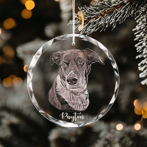 Engraved Dog Photo Christmas Ornament - Personalized Pet Memorial Glass Ornament