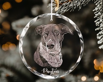 Engraved Dog Photo Christmas Ornament - Personalized Pet Memorial Glass Ornament