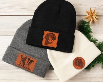 Custom Beanies with Dog Photo Engraved - Personalized Cuffed Winter Hats with Leather Patch, Christmas Gifts for Pet Owners