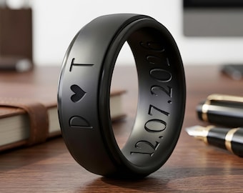 Custom Engraved Silicone Ring for Men, Personalized Athletic Wedding Band for Couple, Anniversary Gifts