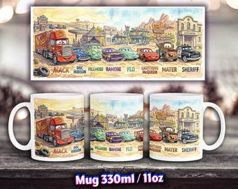 Taza de Cars - Taza de acuarela suave, McQueen y sus amigos, regalo de dibujos animados para niños