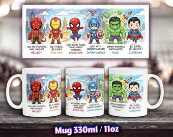 Taza de superhéroe, taza dibujada a mano con crayones para niños, taza de té con cómic motivacional, Spiderman, Ironman