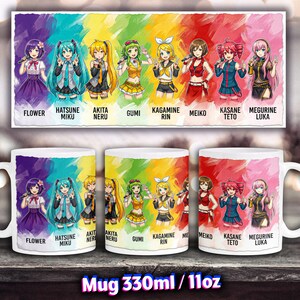 May include: A white ceramic mug with a 330ml or 11oz capacity, featuring a colorful rainbow-themed graphic of eight anime characters. The characters are labeled Flower, Hatsune Miku, Akita Neru, Gumi, Kagamine Rin, Meiko, Kasane Teto, and Megurine Luka.