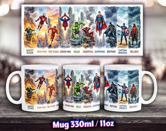 Taza de superhéroe estadounidense, taza de cómic dibujada a mano para niños, taza de té de cómic motivador, Spiderman, Ironman