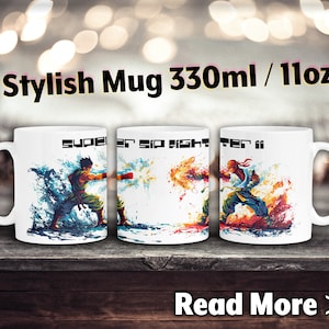Super Sip Fighter II Mug – Epic Battle Scene, Martial Arts Gaming Cup, Dynamic Watercolor Effect, Gamer&#39;s Energizing Drinkware Personalized
