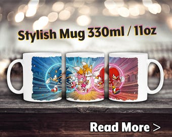 Sonic-mugg 330 ml vit keramikmugg, glansig kopp, present till gamers och Sonic-fans, barn 330 ml