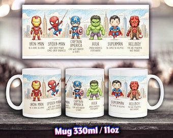 Taza de superhéroe, taza dibujada a mano con crayones para niños, taza de té con cómic motivacional, Spiderman, Ironman