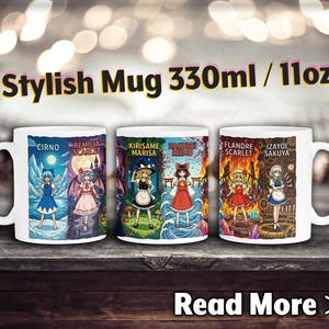 May include: Three white ceramic mugs with colorful anime character designs. Each mug features a different pair of characters and the text "Stylish Mug 11oz". The mugs are displayed on a wooden surface.