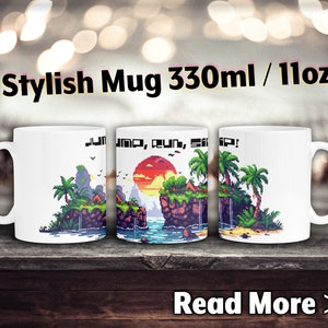 Jump, Run, Sip! Mug – Tropical Pixel Paradise, Retro Gamer Cup, Exotic Island 8-Bit Adventure, Sunrise Coffee Break Personalized Mug