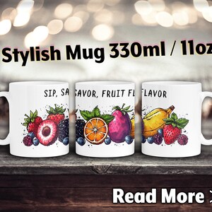 Personalized Mug - Sip, Savor, Fruit Flavor Mug – Juicy Summer Berries, Citrus Blend, Vibrant Hand-Drawn Fruit Cup, Perfect Smoothie Lovers