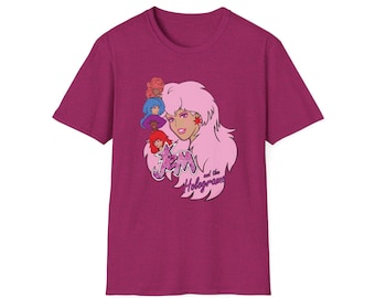 May include: A magenta t-shirt featuring a graphic of a woman with pink hair and the text "JEM and the Holograms." The design includes other characters with colorful hair. The shirt is a short-sleeved crew neck.