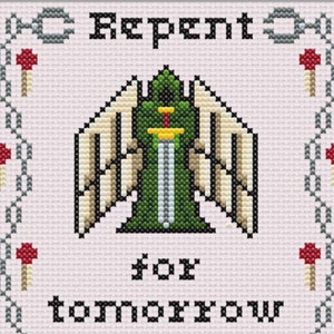 May include: Cross-stitch pattern featuring an angel with wings, holding a sword, and the text "Repent for tomorrow you die". The pattern is surrounded by a chain link border with red mushrooms.