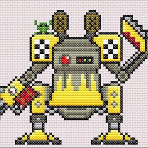 Puede incluir: Un robot amarillo y gris con un arma roja y amarilla. El robot tiene un patrón de cuadros en su pecho y una pequeña criatura verde en su cabeza.