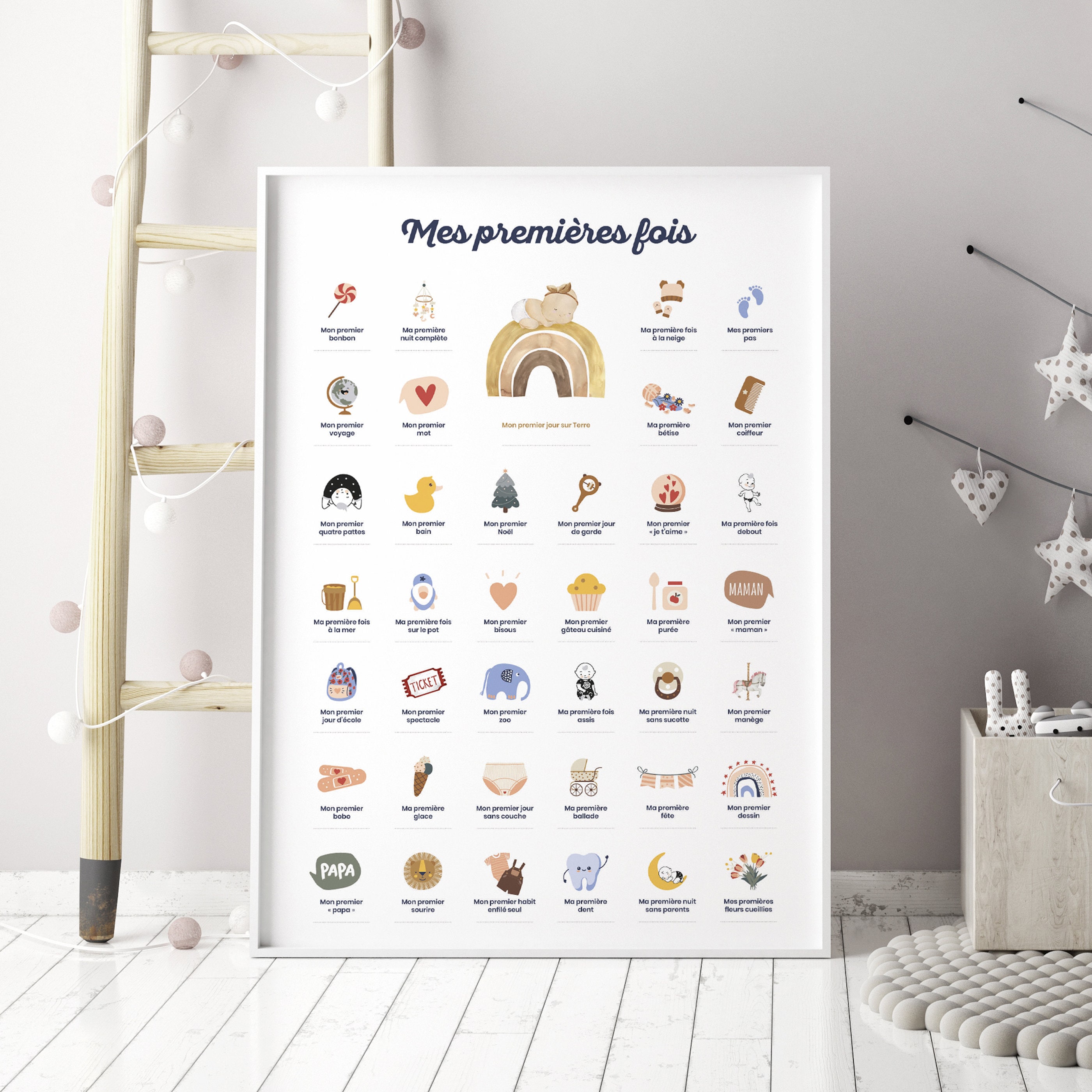 Affiche Mes Premières Fois NANII - Cadre Bois A3 Personnalisable - Cadeau Naissance - Baby Shower