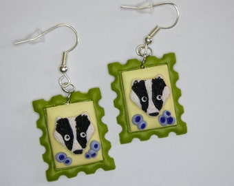 Badger earrings, cute earrings, fun earrings, animal earrings, handmade earrings, gift earrings