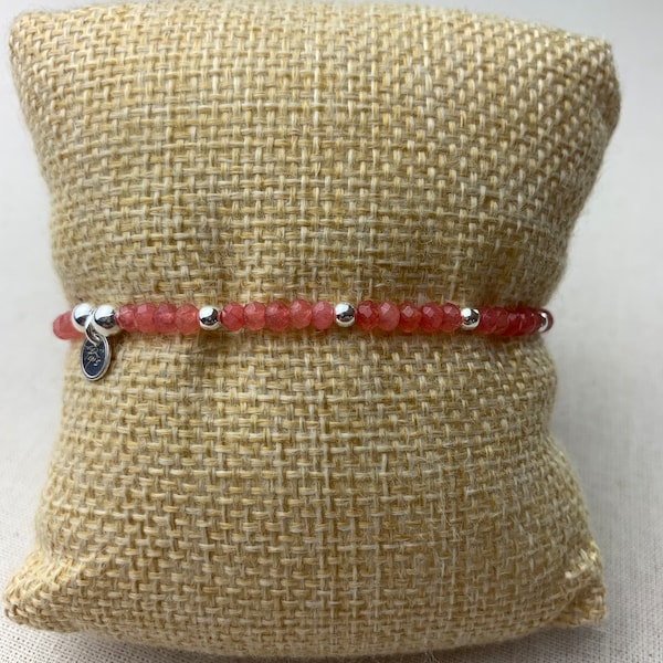 Bracelet Jade Watermelon perles 3 mm Argent 925 « BAHA « sur fil élastique.